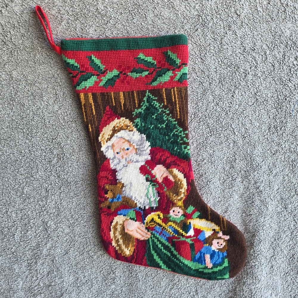 Vintage Needlepoint Christmas Stocking Wool Cotton Back Santa Claus Holiday Toys